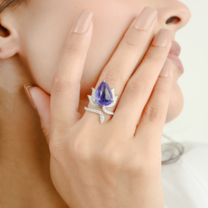 แหวนแทนซาไนต์ทองคำขาว18K สุดหรูและเพชรรูปดอกบัวและค๊อกเทลสำหรับประดับงานแต่งงาน - Product Image 4