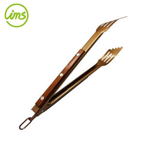 Customized Logo <b>BBQ</b> Locking Tongs with Wooden Handle Metal Tools - Product Image 1