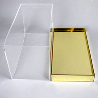Boîte de présentation en acrylique transparente sur mesure, boîte à fleurs en plexiglas, étui transparent en PMMA, base en miroir doré, boîte en acrylique