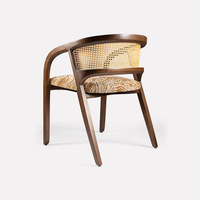 Chaise de salle à manger moderne avec accoudoirs, structure en teck massif et revêtement en velours, dossier en rotin pour usage intérieur/extérieur