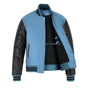 Blouson universitaire 2026 OEM bleu ciel emblématique en laine avec manches en cuir noir, col montant, pour homme, haute qualité, faible MOQ, blouson chauffant tendance - Product Image 3