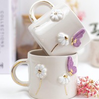 Taza de Café de Cerámica Clásica Hecha a Mano por Kraft World - 300 ml (10 oz) Diseño de Mariposa y Margarita, Apta para Microondas y Lavavajillas, Reutilizable, para Espresso