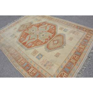 Tapis Turc Vintage Classique Orange Beige 6.8 X 9.3ft Fait à la Main Patchwork Design Laine Matériau Latex Support pour Adolescent Salon - Product Image 4