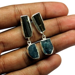 Amazing Design Bohemian Style Tourmaline Apatite 925 Sterling <b>Silver</b> <b>Cuff</b> <b>Earrings</b> Rough Stone Certified <b>Silver</b> Jewelry - Product Image 4