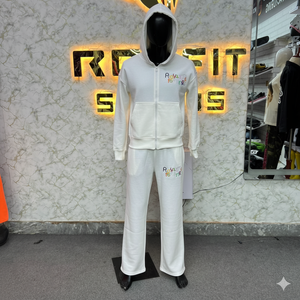 High Quality Royal Nature <b>White</b> Hooded <b>Tracksuit</b> Full Zipper Cotton Casual Set With Embroidery Logo Front Pockets Autumn Wear - Product Image 1