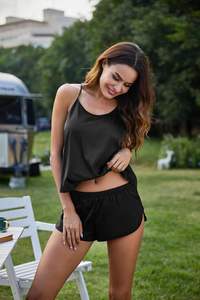 Conjunto de pijama de seda para mujer, lencería de satén sin espalda, pijama, Top y pantalones cortos, ropa de dormir con Tirantes cruzados ajustables - Product Image 5