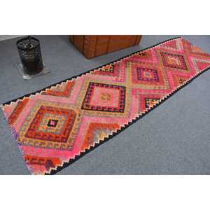 Turkish Rug, 2.9x10.3 ft Vintage Rug, <b>Red</b> Animal Print <b>Wool</b> Rug - Product Image 1