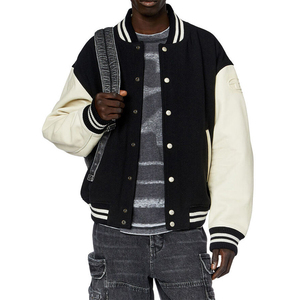 Chaqueta Estilo Universitaria Negra y Crema para Hombre, Ribete Acanalado a Rayas, Cierre de Botones a Presión, Ropa Urbana Premium, Abrigo Informal de Moda - Product Image 3