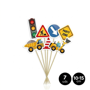 Juego de 7 Adornos de Madera para Pastel, Reutilizables, Decoración para Fiestas de Cumpleaños Infantiles, Tema de Camiones, Excavadoras y Señales de Tráfico - Product Image 1