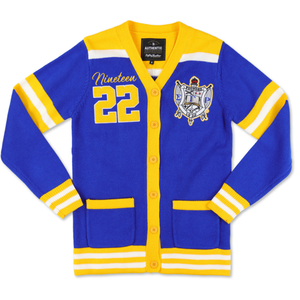 Cardigan en laine Sigma Gamma Rho bleu et or pour femme, pull boutonné avec lettres grecques, vêtements de sororité SGR, coupe premium - Product Image 3