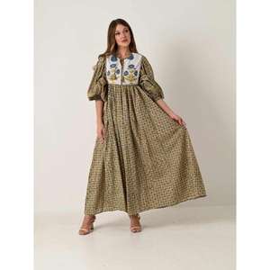 Robe maxi à imprimé floral pour femmes avec encolure brodée, manches bouffantes longues, robe en coton vintage bohème ethnique, vêtements d'été - Product Image 1