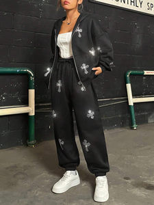 Tendance Rhinestone Survêtement pour femmes de haute qualité OEM quantité minimale de commande personnalisé 350Gsm coton lourd polaire pantalons de survêtement et sweat à capuche - Product Image 4