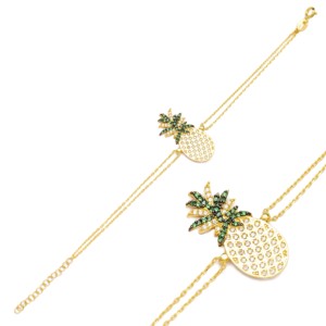 Pineapple Design Charm <b>Bracelet</b> Green and <b>White</b> Zircon Stone Shape Turkish Wholesale Handmade 925 Sterling Silver - Product Image 1