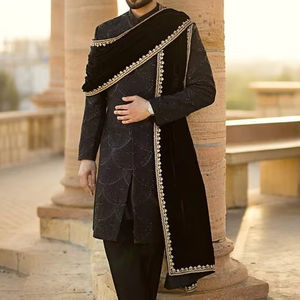 Elégant 2024 tissu de soie design perles de verre cristal Dabka pierre travail Sherwani costume pour mariage grande taille XL pantalon de marié étole - Product Image 1