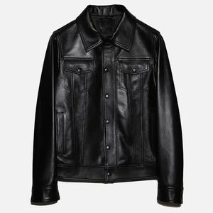 Classic Black Leather <b>Trucker</b> <b>Jacket</b> for <b>Men</b> Genuine Leather Casual Outerwear with Button Front and Dual Chest Pocket Design - Product Image 1