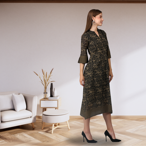 Vestido Midi con cremallera frontal con estampado Floral de diseñadores elegantes hechos a mano para mujer, mangas 3/4, negro, Beige, cómodo, transpirable, informal, para fiesta - Product Image 4