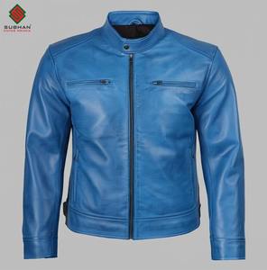 Chaqueta Bomber de Cuero Sintético Azul Cielo para Hombre, con Cierre de Cremallera y Cuello Alto |   Servicio OEM de Patrones Sólidos - Product Image 1