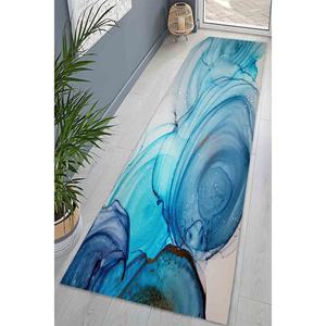 Tapis imprimé marbre abstrait : Décoration moderne de luxe bleue pour salon, tapis fin non tissé - Product Image 4