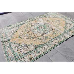 Turkish Vintage Large Rug 5.9x9.4 ft, Green <b>Yellow</b> Solid Rug - Product Image 4