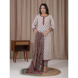 Casual White Red Hand Block Printed Cotton Kurta Pant Set - Product Image 3