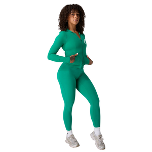 Sudadera con capucha verde para mujer, chaqueta elástica de alto rendimiento, manga larga, top ajustado para entrenamiento en el gimnasio y yoga - Product Image 3
