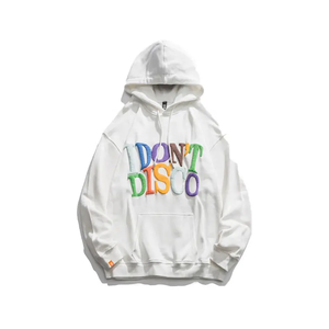 เสื้อฮู้ดดี้สีเทาขนาดใหญ่สำหรับผู้ชาย พิมพ์ลายพัฟสีสันสดใส "I DON'T DISCO" โลโก้ด้านหน้า แขนเสื้อปกติ สไตล์ลำลอง สตรีทแวร์ ใส่ได้ในฤดูใบไม้ร่วง รุ่น 202 - Product Image 2