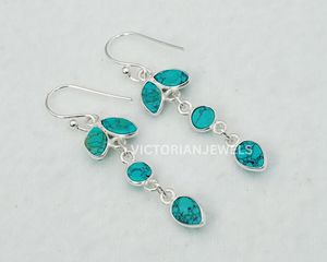 925 <b>Solid</b> Sterling <b>Silver</b> Blue Turquoise December Month Birthstone Four Stone Long Hook <b>Earring</b> - Product Image 4