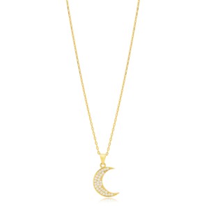 Collier pendentif élégant en argent sterling plaqué rhodium avec pierre CZ motif lune, bijoux turcs faits à la main - Product Image 1