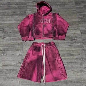 Conjunto Deportivo Personalizado de Alta Calidad para Hombre, Pantalones Deportivos Acampanados y Sudadera con Capucha, Conjunto de Algodón con Cremallera y Pedrería - Product Image 3