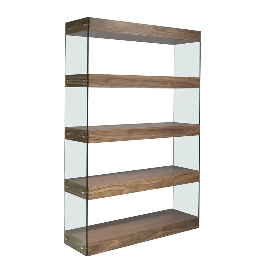 High Quality Walnut color wooden shelf with 40mm shelves and tempered glass sides for apartment