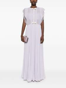 Robe de soirée blanche de style vintage col rond sans manches à volants embellissement longue robe de bal au sol perles de taille naturelle - Product Image 2