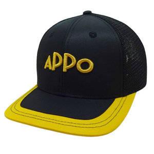 หมวกทรูเกอร์สีดำสีเหลือง6แผงออกแบบได้ตามต้องการ3D ปักโลโก้บนขอบพลาสติกหัวเข็มขัดกระดุมแถวเดียว - Product Image 2