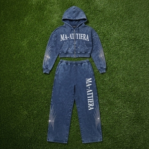 Conjunto de Sudadera Corta con Cremallera y Pantalones Anchos para Mujer, con Detalles Personalizados de Pedrería, Traje Deportivo de Dos Piezas - Product Image 6