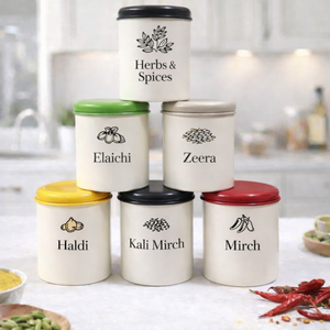 Contenedor blanco para masala con tapas de colores e iconos con nombres impresos, juego de 6 - Product Image 1