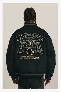 100% cachemire laine corps véritable cuir de vachette manches col montant Orange noir Letterman Varsity veste haute rue pour - Product Image 5