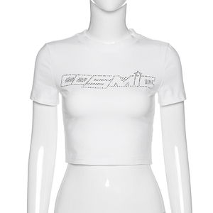 Low MOQ Custom Bling Cropped <b>Tops</b> Tees Shirt With <b>Rhinestone</b> Logo Custom Made Women Crop <b>Top</b> T Shirt - Product Image 5