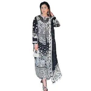 Zed Black Colored Islamic Long length Thread Embroidered Indian Cut Work Kurti With Bottom And Stole