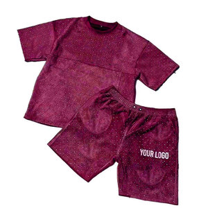 2025 nueva llegada camisetas personalizadas conjunto corto para hombres verano 2 piezas pantalones cortos conjunto con diamantes de imitación chándal de algodón para hombres - Product Image 6