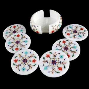 Ensemble de sous-verres en marbre blanc de qualité supérieure, faits à la main, avec incrustation florale et support, décoration moderne pour table à manger, cadeau de luxe, ANURAG HANDICRAFT - Product Image 3