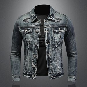 <b>Men's</b> Washed <b>Denim</b> Hoodie <b>Jacket</b> Contrast Sleeve Button Front Pockets Casual Streetwear for Autumn - Product Image 1