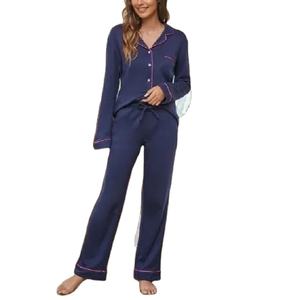 Ropa de dormir Multicolor de talla grande de alta calidad para mujer, conjunto de manga larga de Color sólido, Conjunto de pijama con tirantes finos, Exportación de BD Supp - Product Image 3