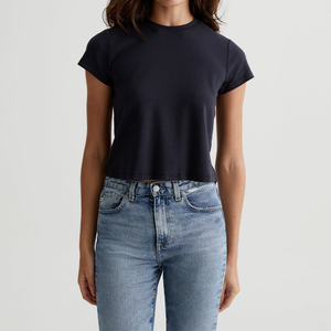 Camiseta recortada de manga corta holgada con cuello redondo para mujer, camiseta ajustada negra personalizada, proveedor superior transpirable de alta calidad para mujer - Product Image 6