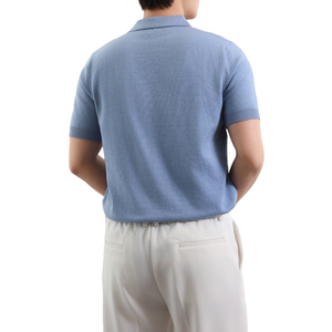 Suéter de gimnasio con cuello simulado azul, Jacquard Polo de punto, Polo de manga corta Vintage tejido a mano para hombre, cuello cubano - Product Image 5