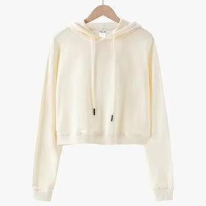 Prix d'usine – Vente en gros de sweats à capuche courts et pulls unis marron en coton French Terry à col rond pour femme - Product Image 4