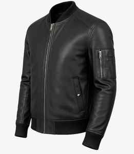 Blouson en cuir noir pour homme avec poignets et col côtelés |   Veste classique ajustée à fermeture éclair |   Fabrication OEM personnalisée disponible - Product Image 3