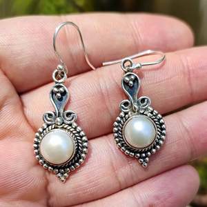 Navya Craft Handmade 925 <b>Silver</b> White Pearl Bezel Setting <b>Dangle</b> <b>Earrings</b> for Women Boho Style Drop Design Birthday Anniversary - Product Image 4