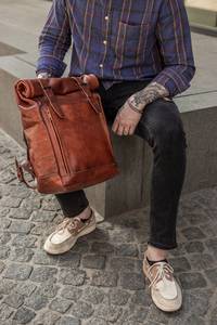 Mochila de cuero Vintage de búfalo de gran capacidad, mochila impermeable grande con tapa enrollable para hombres y mujeres, - Product Image 3