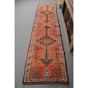 Ethnic Vintage Turkish Rug <b>Red</b> 2.7 X 11.2ft Large Area <b>Wool</b> Latex Rectangular Abstract Patchwork Hallway Design 10mm Room Rug - Product Image 1