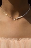 Kalung Mutiara Air Tawar Barok Minimalis Modern dengan Batu Alam, Rantai Berlapis Emas, Perhiasan Batu Permata untuk Hadiah