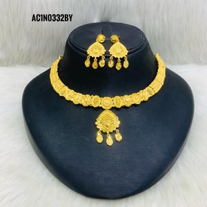 Elegant Indian Pattern 24K Gold Plated Brass African Wedding Charm Necklace Jewelry Set with Flower Design and Matching Earrings - Product Image 5
